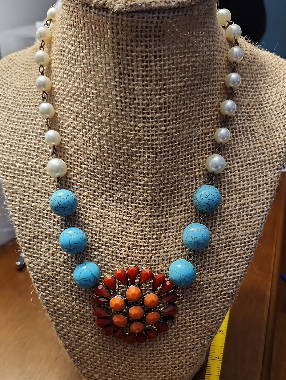 Pearl and Turquoise Bead Statement Necklace with Upcycled Broach Orange Accent